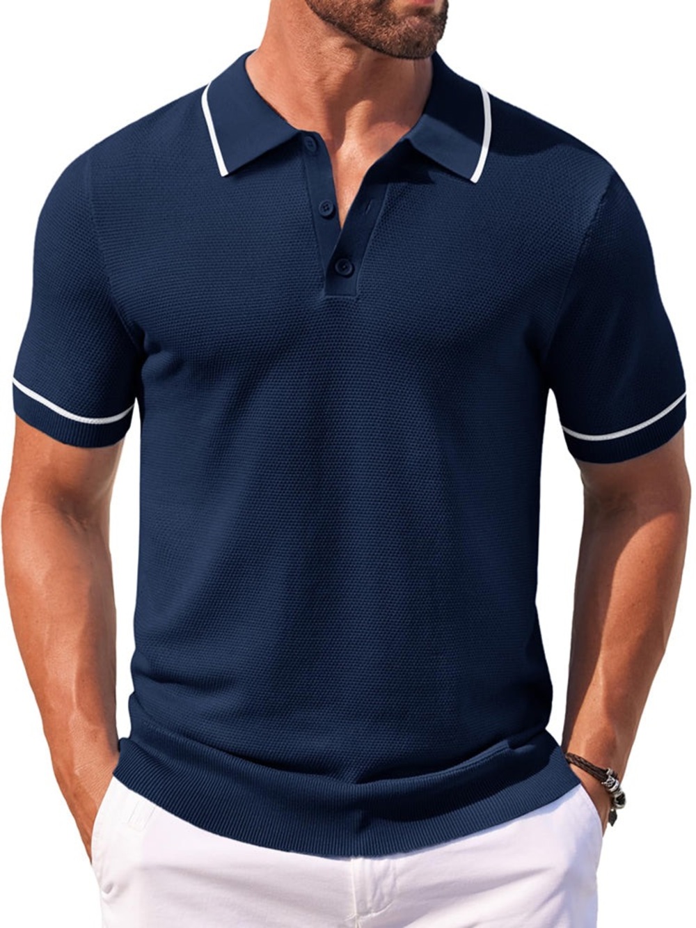COOFANDY Men’s Navy Blue Knit Polo Shirt White Trim Short Sleeve Size XXL